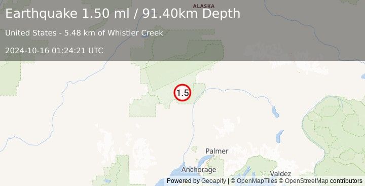 Earthquake 31 km NNE of Petersville, Alaska (1.5 ml) (2024-10-16 01:24:21 UTC)