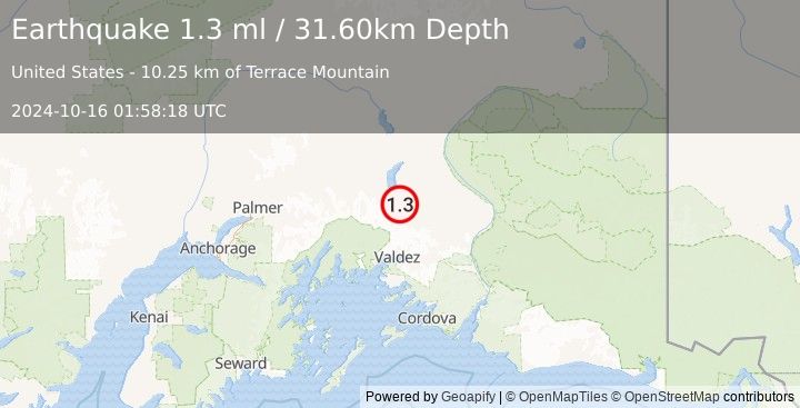 Earthquake 47 km SSE of Nelchina, Alaska (1.3 ml) (2024-10-16 01:58:18 UTC)