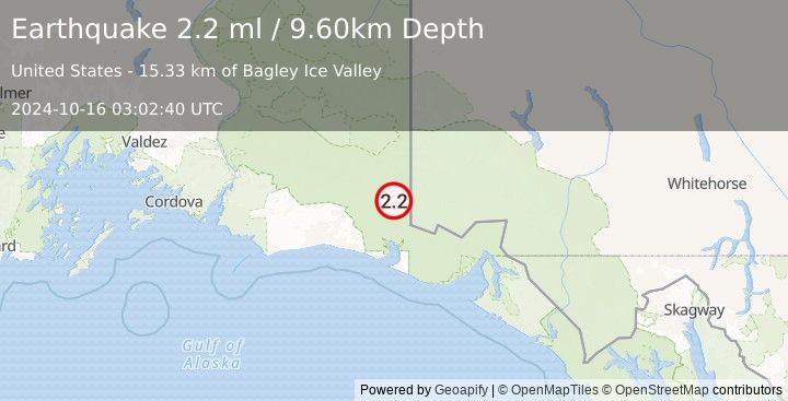 Earthquake 130 km SE of McCarthy, Alaska (2.2 ml) (2024-10-16 03:02:40 UTC)