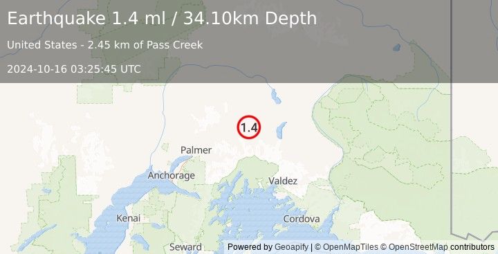 Earthquake 13 km W of Eureka Roadhouse, Alaska (1.4 ml) (2024-10-16 03:25:45 UTC)