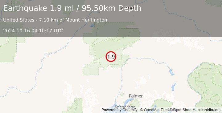 Earthquake 45 km N of Petersville, Alaska (1.9 ml) (2024-10-16 04:10:17 UTC)