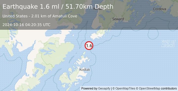 Earthquake 50 km S of Nanwalek, Alaska (1.6 ml) (2024-10-16 04:20:35 UTC)