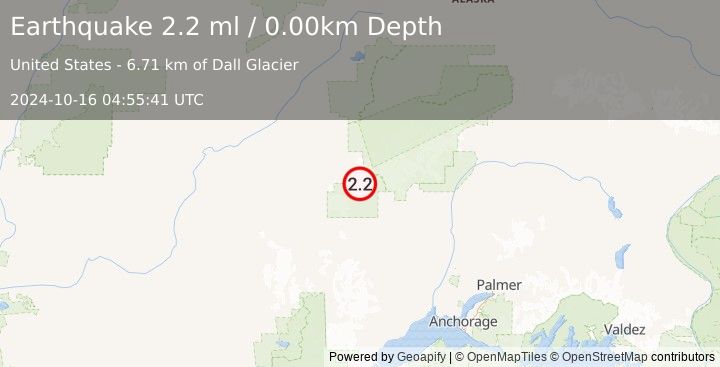 Earthquake 73 km WNW of Petersville, Alaska (2.2 ml) (2024-10-16 04:55:41 UTC)