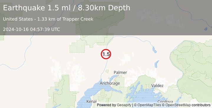 Earthquake 8 km SSE of Trapper Creek, Alaska (1.5 ml) (2024-10-16 04:57:39 UTC)