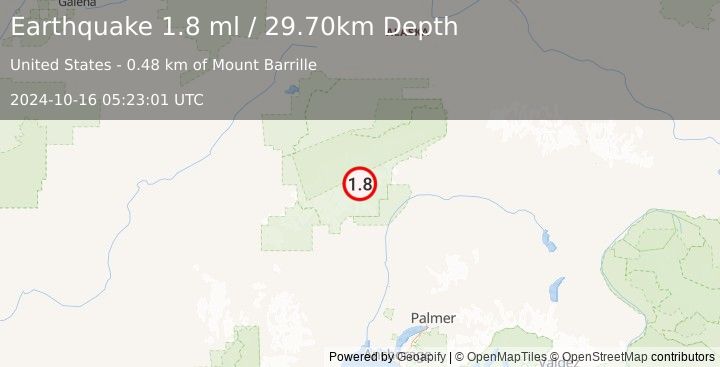 Earthquake 52 km N of Petersville, Alaska (1.8 ml) (2024-10-16 05:23:01 UTC)