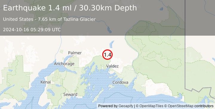 Earthquake 49 km NNW of Valdez, Alaska (1.4 ml) (2024-10-16 05:29:09 UTC)