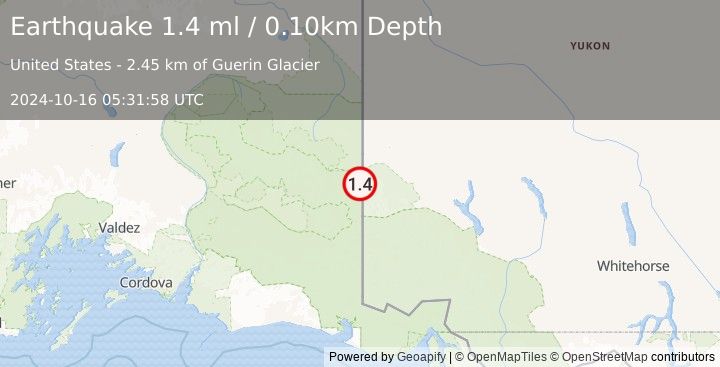 Earthquake 100 km E of McCarthy, Alaska (1.4 ml) (2024-10-16 05:31:58 UTC)