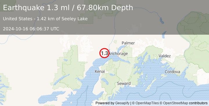 Earthquake 13 km NE of Beluga, Alaska (1.3 ml) (2024-10-16 06:06:37 UTC)