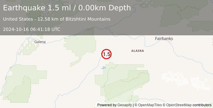 Earthquake 53 km NNE of Lake Minchumina, Alaska (1.5 ml) (2024-10-16 06:41:18 UTC)