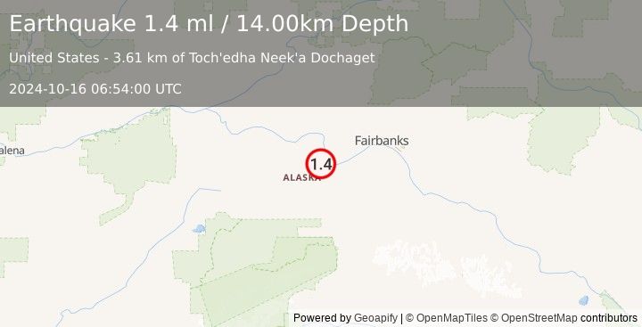 Earthquake 4 km WSW of Four Mile Road, Alaska (1.4 ml) (2024-10-16 06:54:00 UTC)