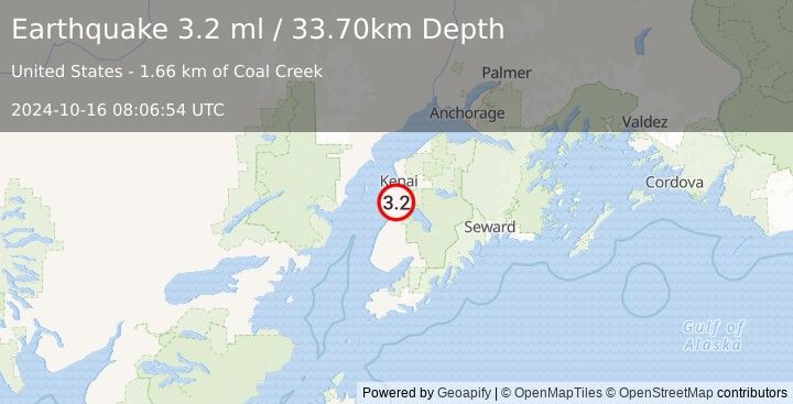 Earthquake 1 km WNW of Kasilof, Alaska (3.2 ml) (2024-10-16 08:06:54 UTC)