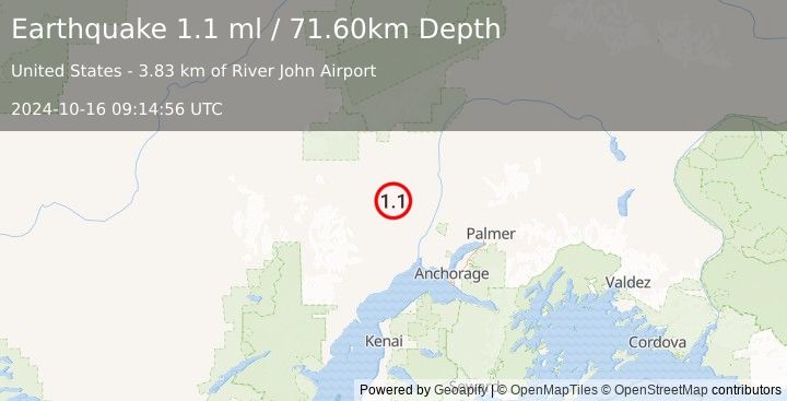 Earthquake 19 km ESE of Skwentna, Alaska (1.1 ml) (2024-10-16 09:14:56 UTC)