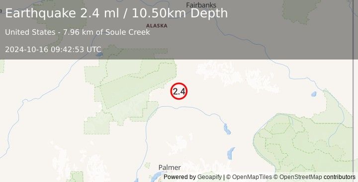 Earthquake 28 km SSE of Cantwell, Alaska (2.4 ml) (2024-10-16 09:42:53 UTC)