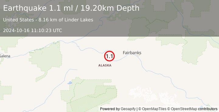 Earthquake 17 km NW of Four Mile Road, Alaska (1.1 ml) (2024-10-16 11:10:23 UTC)