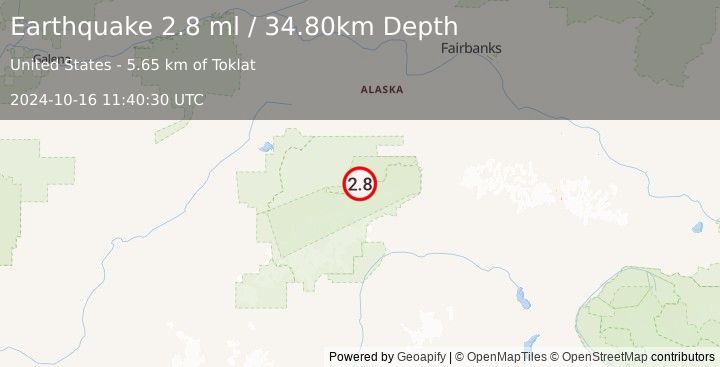 Earthquake 62 km WNW of Cantwell, Alaska (2.8 ml) (2024-10-16 11:40:30 UTC)