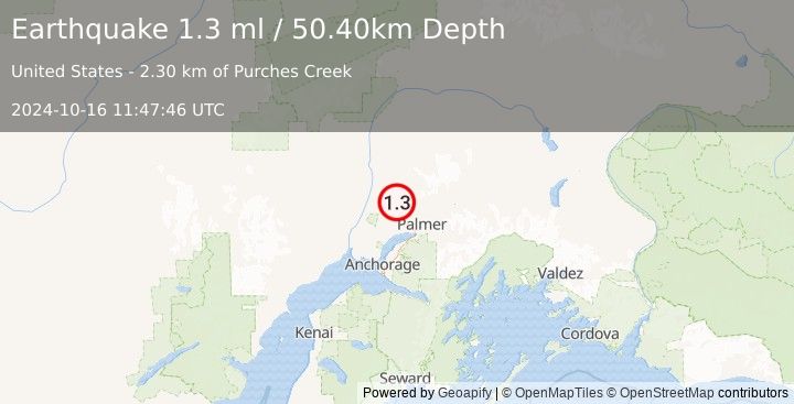 Earthquake 20 km N of Meadow Lakes, Alaska (1.3 ml) (2024-10-16 11:47:46 UTC)