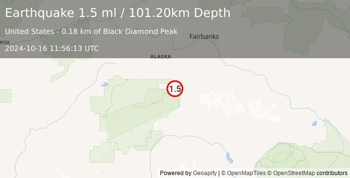 Earthquake 6 km SSW of Healy, Alaska (1.5 ml) (2024-10-16 11:56:13 UTC)