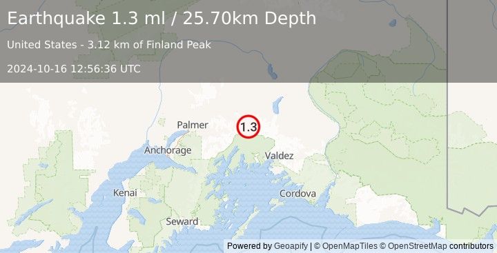 Earthquake 31 km SSE of Glacier View, Alaska (1.3 ml) (2024-10-16 12:56:36 UTC)