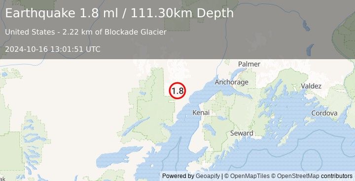 Earthquake 63 km W of Tyonek, Alaska (1.8 ml) (2024-10-16 13:01:51 UTC)