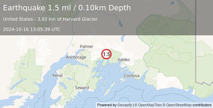 Earthquake 53 km S of Glacier View, Alaska (1.5 ml) (2024-10-16 13:05:39 UTC)