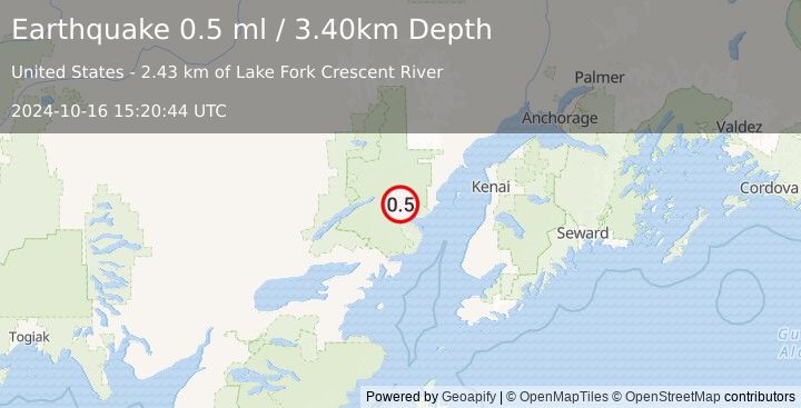 Earthquake 73 km ENE of Port Alsworth, Alaska (0.5 ml) (2024-10-16 15:20:44 UTC)