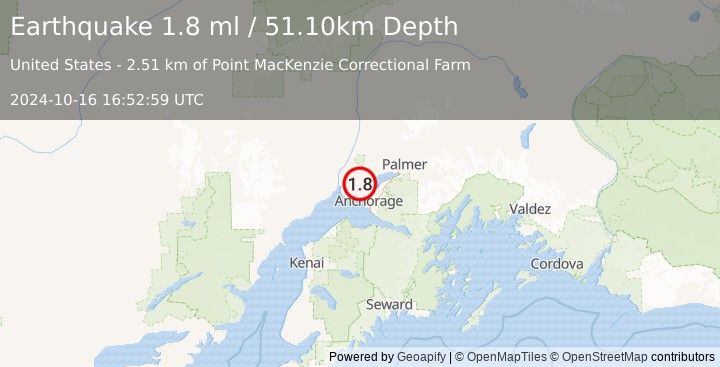 Earthquake 7 km NW of Point MacKenzie, Alaska (1.8 ml) (2024-10-16 16:52:59 UTC)