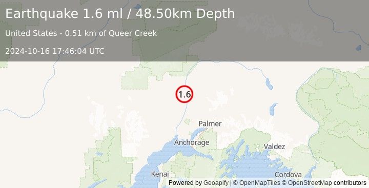 Earthquake 13 km S of Trapper Creek, Alaska (1.6 ml) (2024-10-16 17:46:04 UTC)