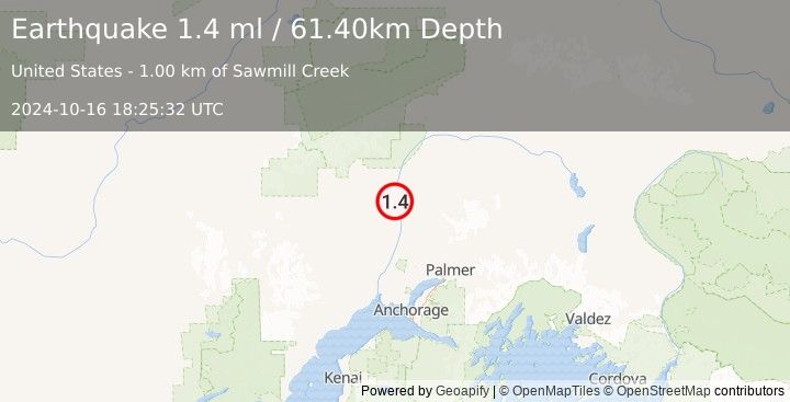 Earthquake 7 km S of Trapper Creek, Alaska (1.4 ml) (2024-10-16 18:25:32 UTC)