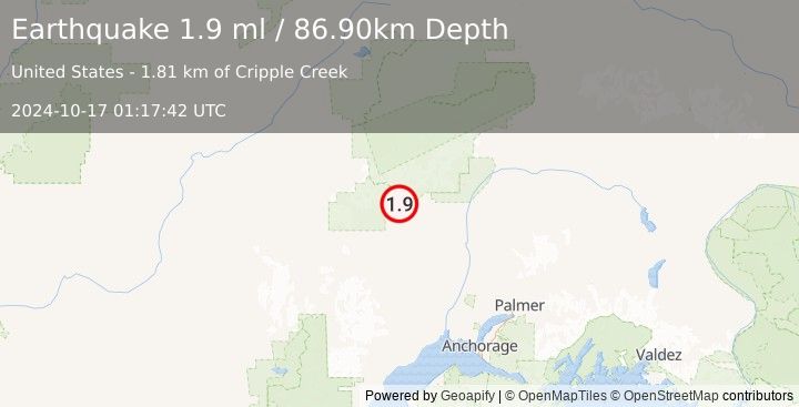 Earthquake 37 km W of Petersville, Alaska (1.9 ml) (2024-10-17 01:17:42 UTC)