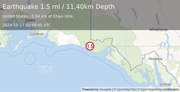 Earthquake 91 km NW of Yakutat, Alaska (1.5 ml) (2024-10-17 01:44:45 UTC)