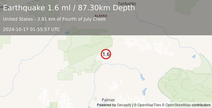 Earthquake 28 km SW of Cantwell, Alaska (1.6 ml) (2024-10-17 01:55:57 UTC)