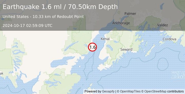 Earthquake 40 km WNW of Ninilchik, Alaska (1.6 ml) (2024-10-17 02:59:09 UTC)