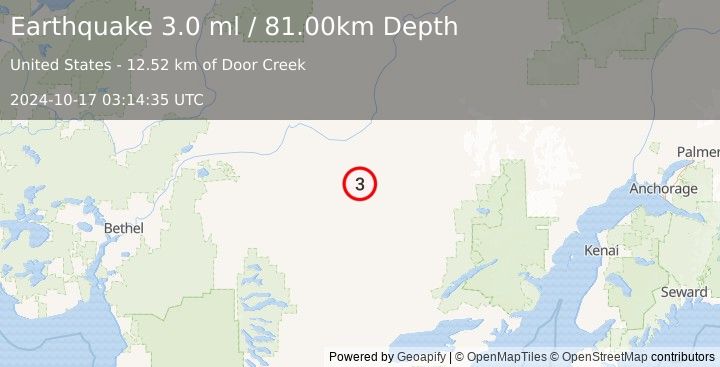 Earthquake 57 km S of Stony River, Alaska (3.0 ml) (2024-10-17 03:14:35 UTC)