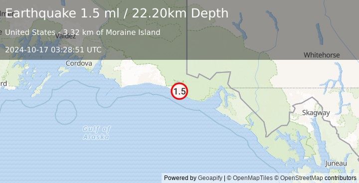 Earthquake 99 km WNW of Yakutat, Alaska (1.5 ml) (2024-10-17 03:28:51 UTC)