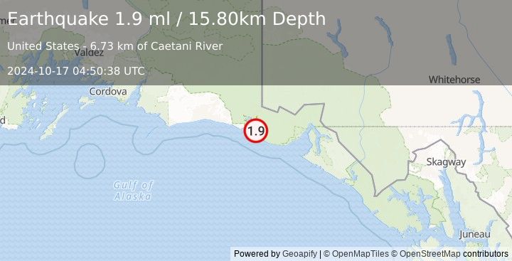 Earthquake 93 km WNW of Yakutat, Alaska (1.9 ml) (2024-10-17 04:50:38 UTC)