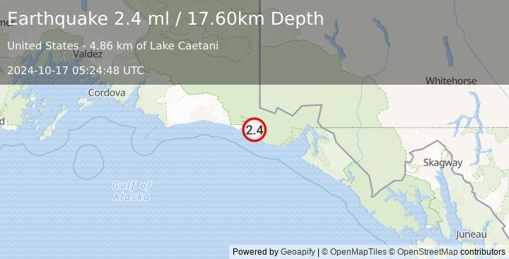 Earthquake 93 km WNW of Yakutat, Alaska (2.4 ml) (2024-10-17 05:24:48 UTC)