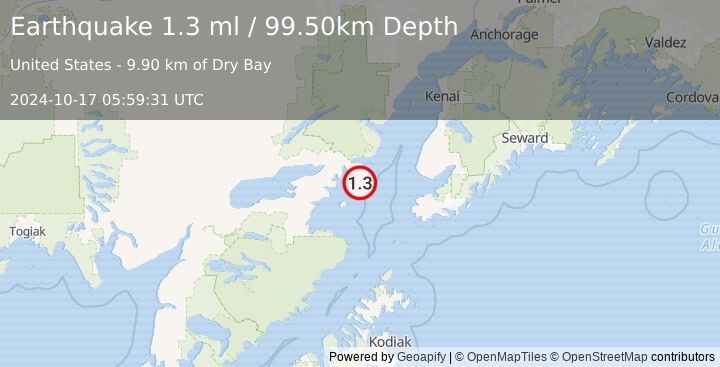 Earthquake 62 km ESE of Pedro Bay, Alaska (1.3 ml) (2024-10-17 05:59:31 UTC)