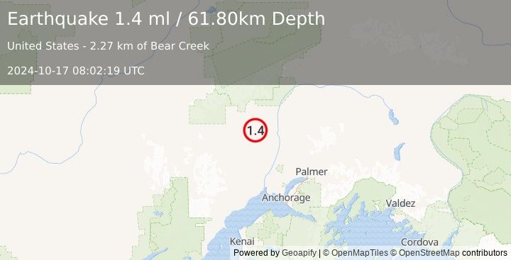 Earthquake 32 km S of Petersville, Alaska (1.4 ml) (2024-10-17 08:02:19 UTC)