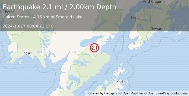 Earthquake 19 km SSE of Kokhanok, Alaska (2.1 ml) (2024-10-17 08:04:22 UTC)