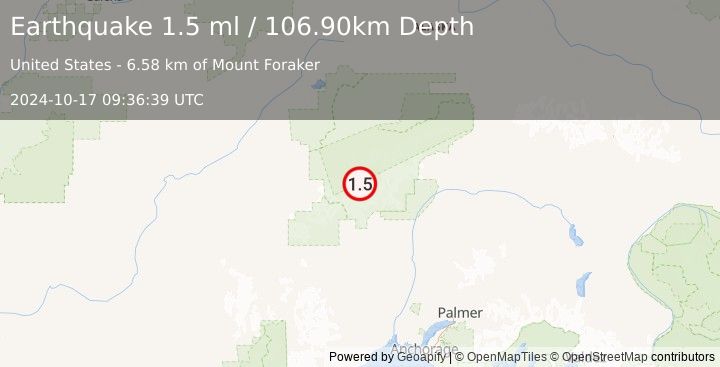 Earthquake 54 km NNW of Petersville, Alaska (1.5 ml) (2024-10-17 09:36:39 UTC)