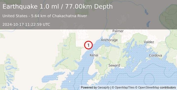 Earthquake 34 km WSW of Tyonek, Alaska (1.0 ml) (2024-10-17 11:22:59 UTC)