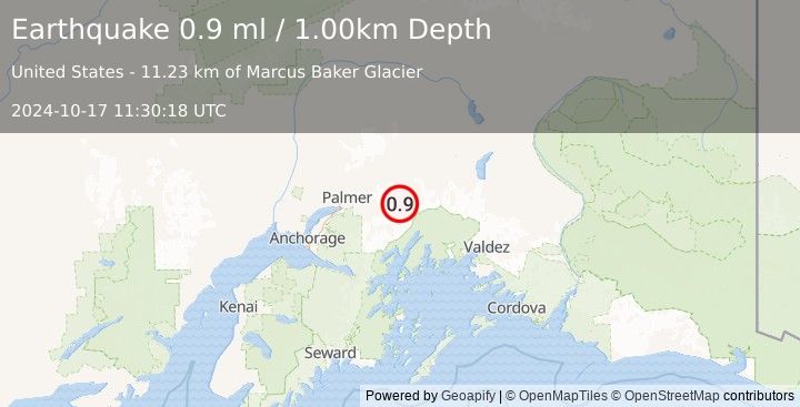 Earthquake 35 km SE of Chickaloon, Alaska (0.9 ml) (2024-10-17 11:30:18 UTC)