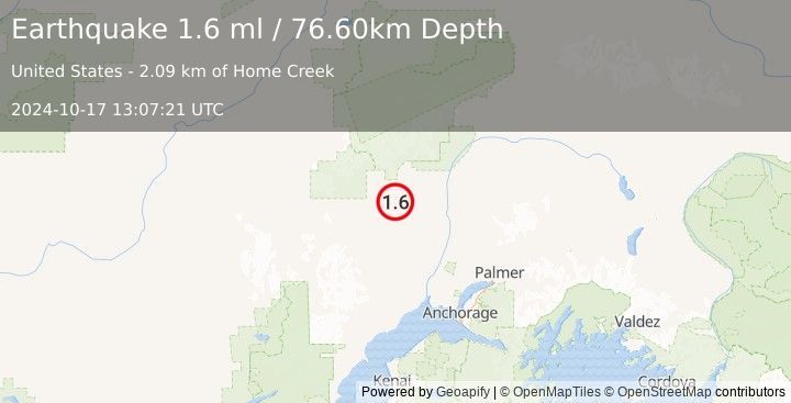 Earthquake 32 km NNE of Skwentna, Alaska (1.6 ml) (2024-10-17 13:07:21 UTC)