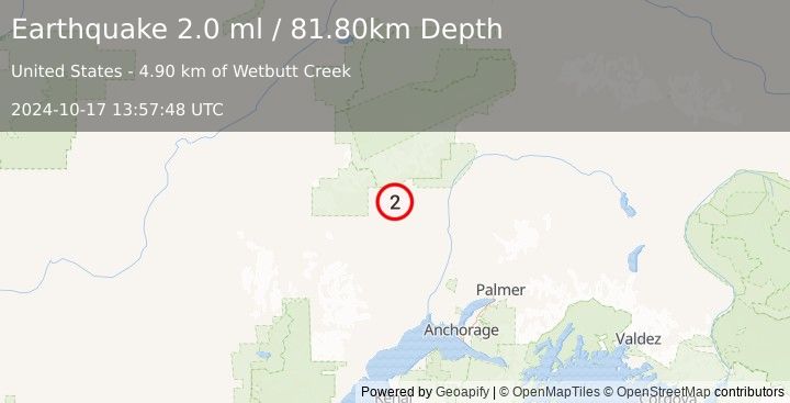 Earthquake 24 km WSW of Petersville, Alaska (2.0 ml) (2024-10-17 13:57:48 UTC)