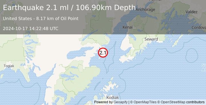 Earthquake 58 km ESE of Pedro Bay, Alaska (2.1 ml) (2024-10-17 14:22:48 UTC)