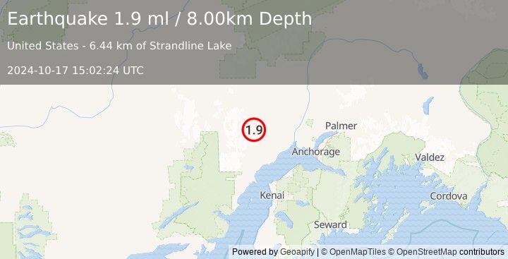 Earthquake 54 km SSW of Skwentna, Alaska (1.9 ml) (2024-10-17 15:02:24 UTC)