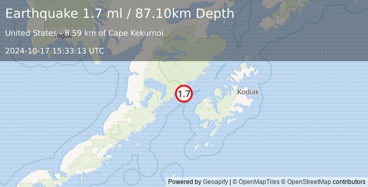 Earthquake 46 km WNW of Karluk, Alaska (1.7 ml) (2024-10-17 15:33:13 UTC)