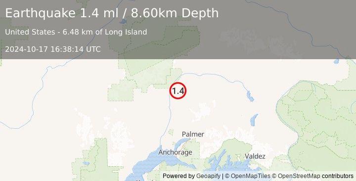 Earthquake 18 km ENE of Chase, Alaska (1.4 ml) (2024-10-17 16:38:14 UTC)