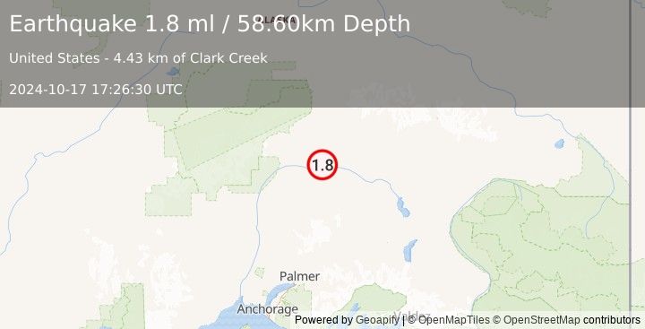 Earthquake 61 km SSE of Cantwell, Alaska (1.8 ml) (2024-10-17 17:26:30 UTC)