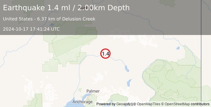 Earthquake 65 km SE of Cantwell, Alaska (1.4 ml) (2024-10-17 17:41:24 UTC)